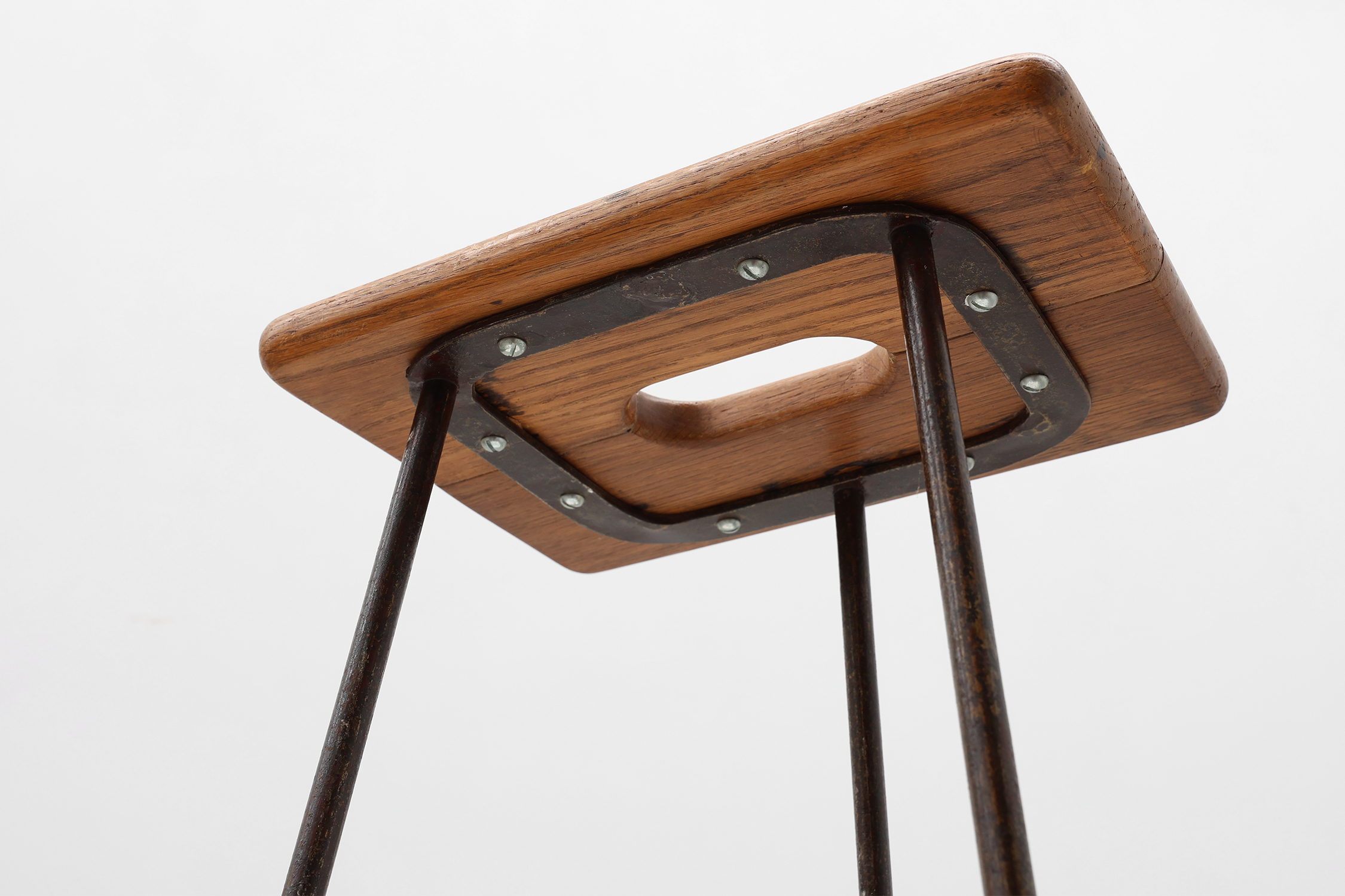 Modernist Industrial Iron and Oak Split Slats Stool, France ca. 1910thumbnail